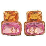 Yellow Gold Double Cushion Earrings with Pink Topaz and Orange Citrine