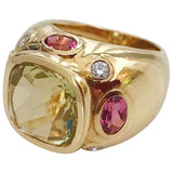 Blue and Pink Topaz Gold Three Stone Ring with Rope Twist Border