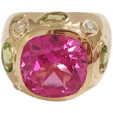 Elegant Three-Stone Ring with Gold Rope Twist Border with Blue Topaz and Pink Topaz