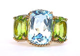 Elegant Three-Stone Ring with Gold Rope Twist Border with Blue Topaz and Pink Topaz