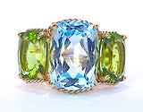 Elegant Three-Stone Ring with Gold Rope Twist Border with Blue Topaz and Pink Topaz