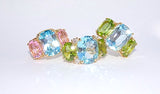 Elegant Three-Stone Ring with Gold Rope Twist Border with Blue Topaz and Pink Topaz