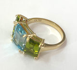 18kt Yellow Gold Mini Emerald Cut Ring with Blue Topaz and Peridot