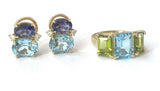 18kt Yellow Gold Mini Emerald Cut Ring with Blue Topaz and Peridot