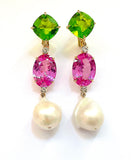 Elegant Three-Stone Drop Earring with Peridot, Pink Topaz, Baroque Pear and Diamonds