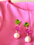 Elegant Three-Stone Drop Earring with Peridot, Pink Topaz, Baroque Pear and Diamonds