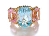 Elegant Three-Stone Ring with Gold Rope Twist Border with Blue Topaz and Pink Topaz