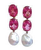 Elegant Three-Stone Drop Earring with Peridot, Pink Topaz, Baroque Pear and Diamonds