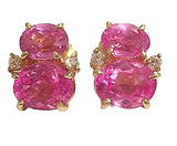 Pink Topaz Rock Crystal Blue Topaz Yellow Gold Three Stone Drop Earrings