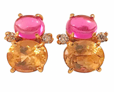 Yellow Gold Double Cushion Earrings with Pink Topaz and Orange Citrine