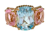 Elegant Three-Stone Ring with Gold Rope Twist Border with Blue Topaz and Pink Topaz