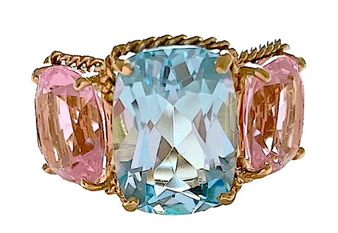 Elegant Three-Stone Ring with Gold Rope Twist Border with Blue Topaz and Pink Topaz